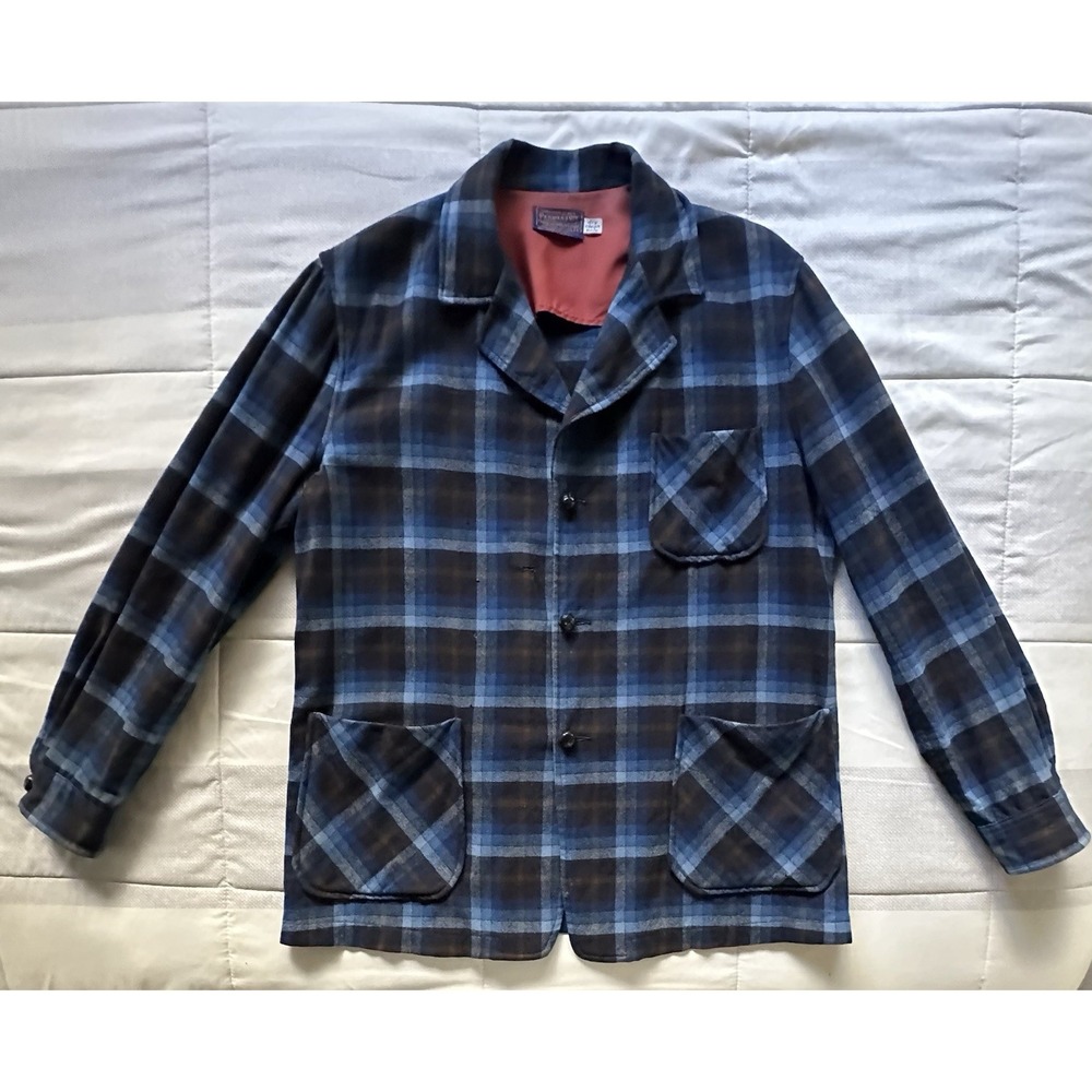 VTG Pendleton Wool 49er Shirt Jacket Shadow Plaid Blue Brown L Distressed READ